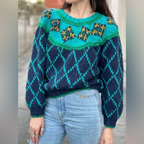 VTG 90’s Liz Sport chunky wool Sweater Green Cropped Checkered Balloon Sleeve S - Picture 1 of 11